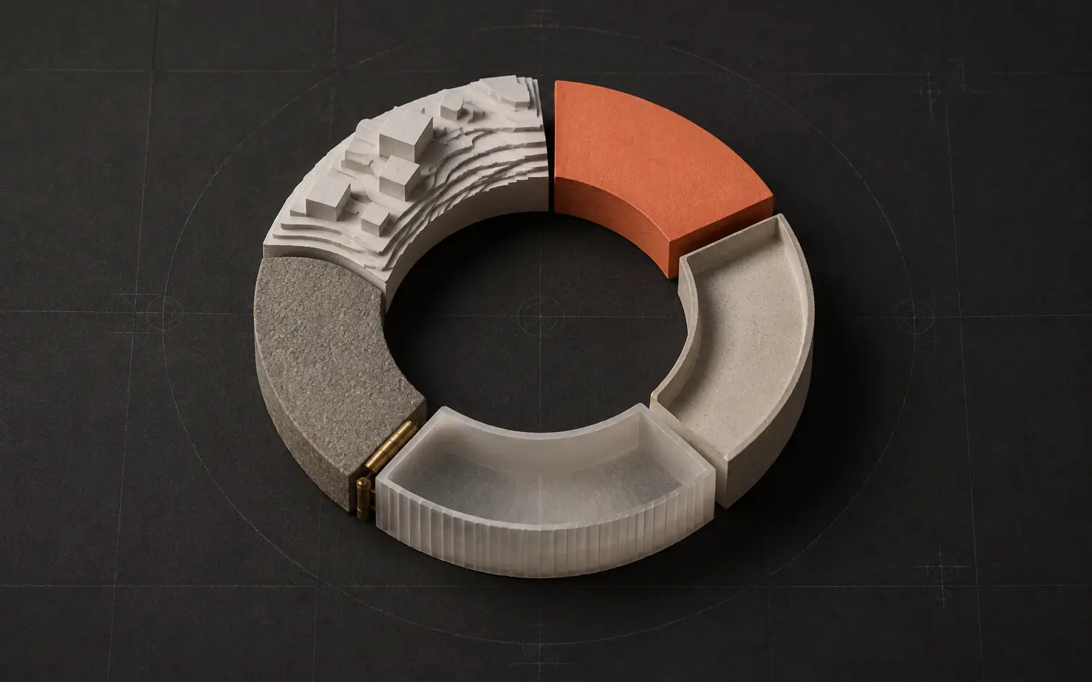 A closed loop of tactile geometric components, with one Persimmon element marking the point where a decision is made