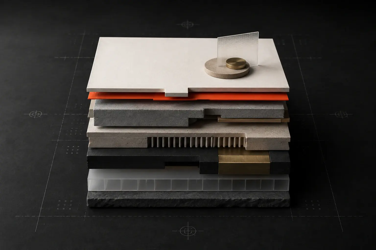 A balanced architectural stack of tactile material layers joined by a persimmon interface layer