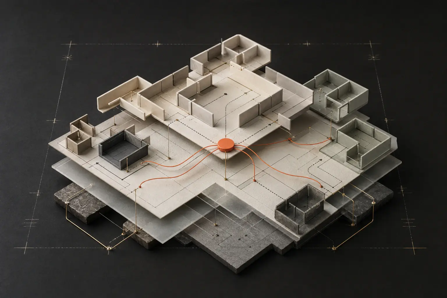 An exploded architectural system plan with nested boundaries and a persimmon organizing connector