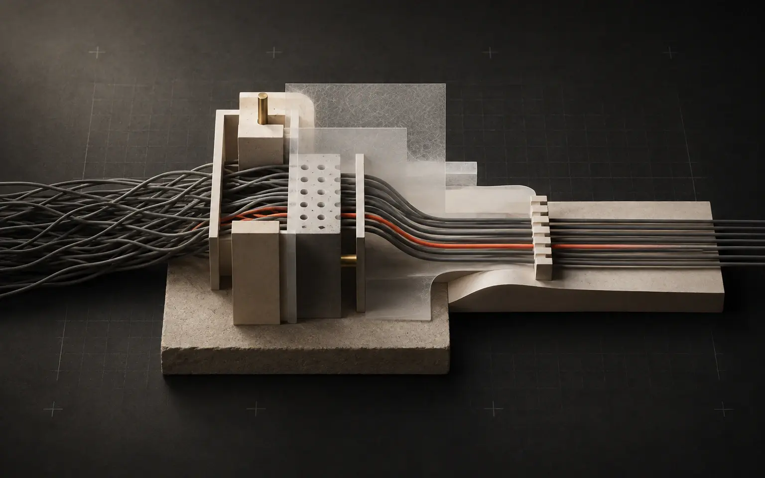 A tangled bundle of cable being re-laid into ordered parallel channels, with one strand picked out in Persimmon