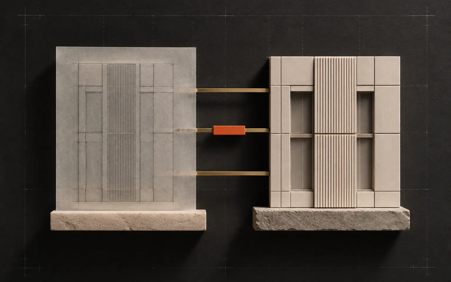 A drafting overlay of a facade resolving into a built elevation, with one Persimmon element marking the measurement carried across