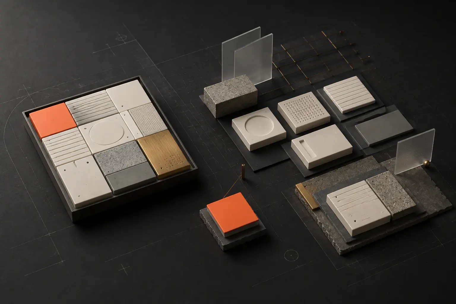 Modular ceramic interface tiles moving from a fixed tray into a flexible composition