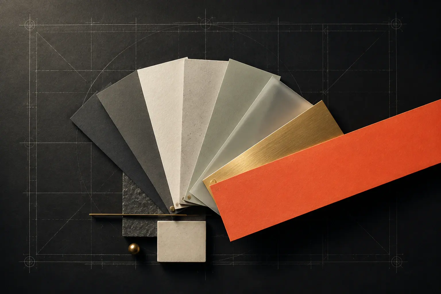 A tactile architectural fan of material and color swatches with a persimmon panel breaking beyond the grid