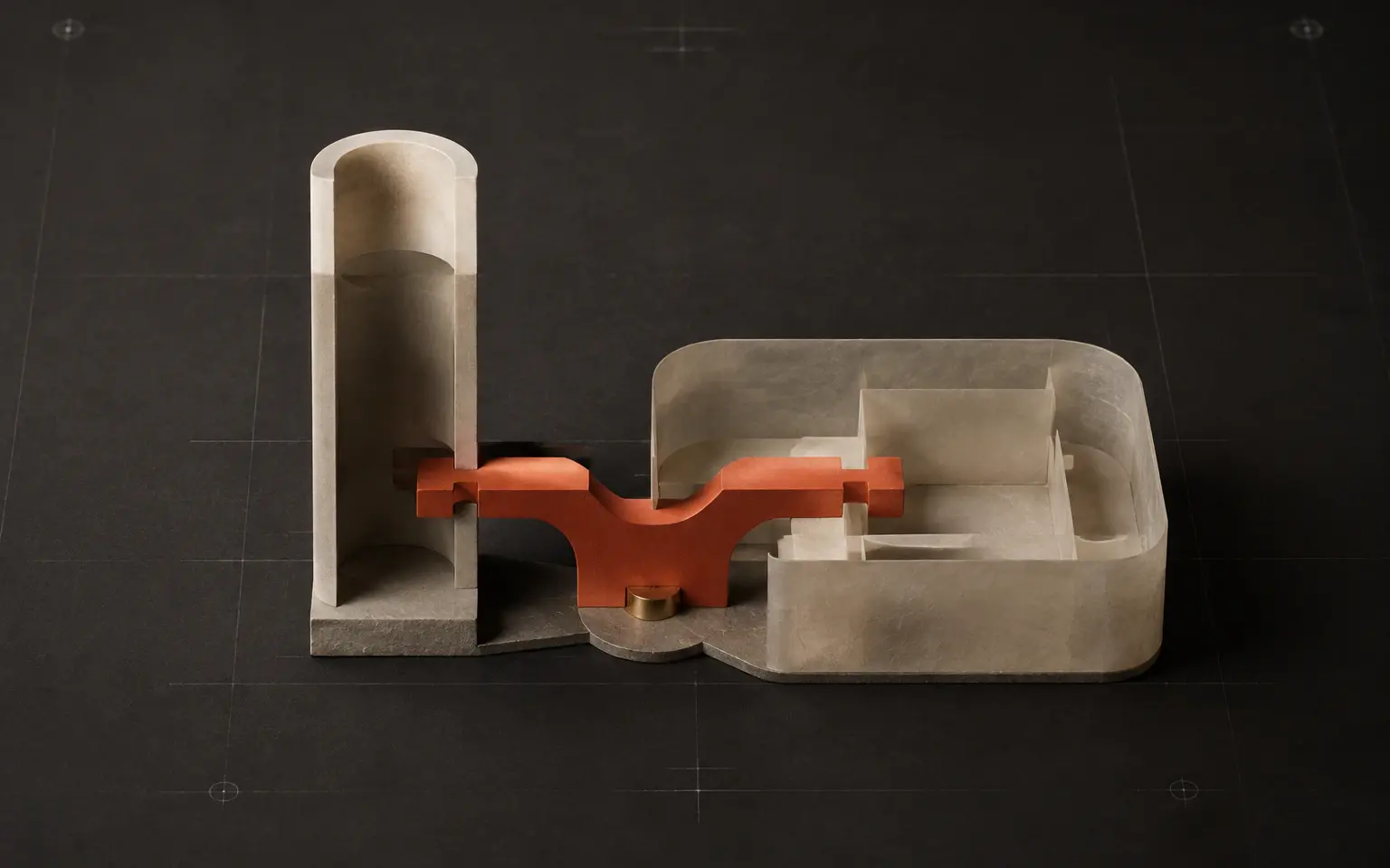 One machined component seated into two different housings, with the shared piece picked out in Persimmon